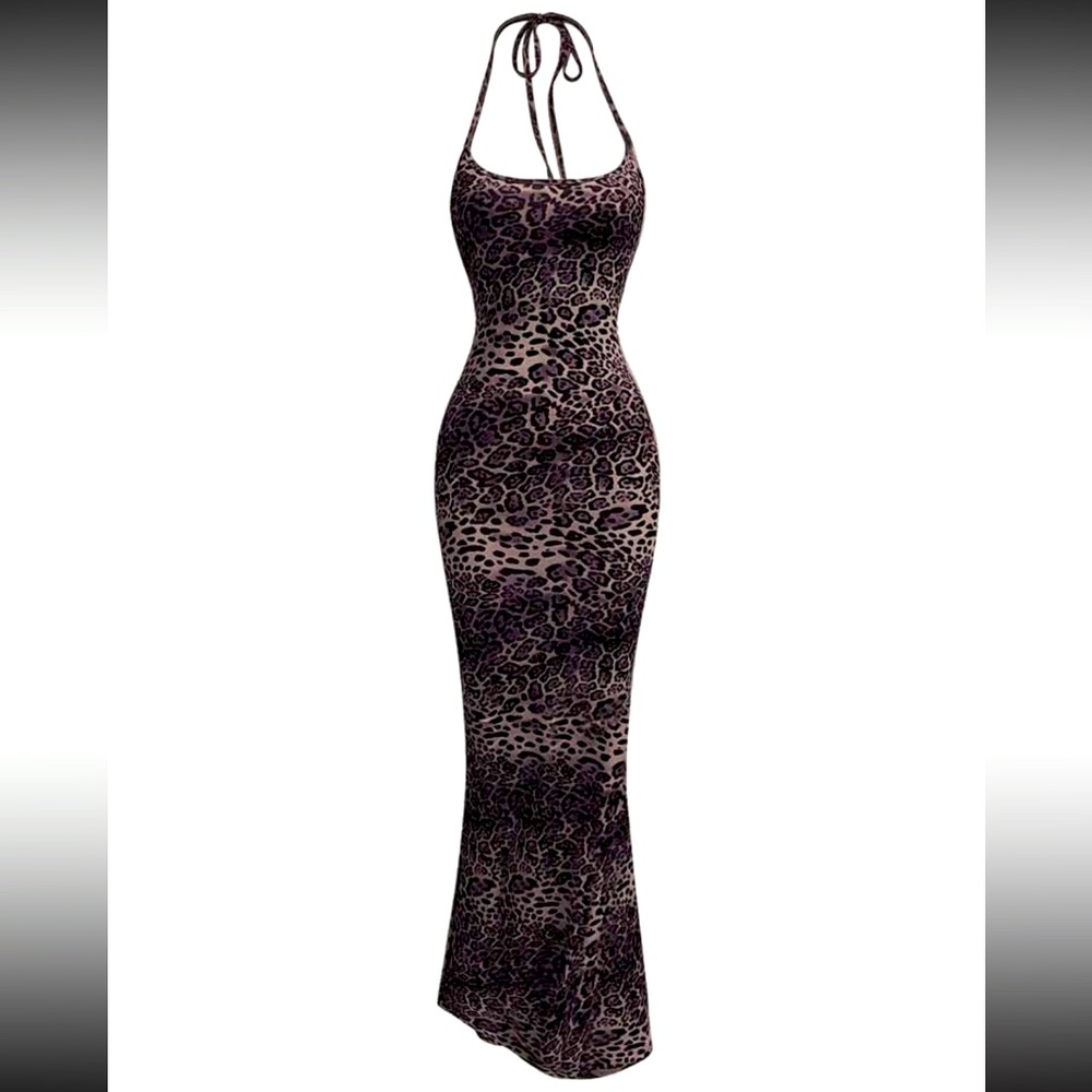 Dark Leopard Halter-neck Mermaid Hem Maxi Dress NEW 🏷️